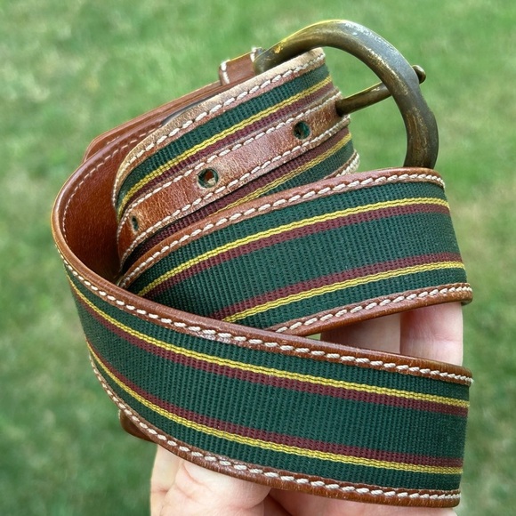 Bally Green & Red Canvas & Leather Belt Size 32 (xs-s) Made in Italy - Picture 2 of 7